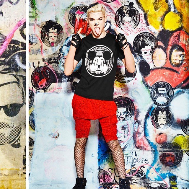 MadMaus campaign: model in a Mickey tee and red shorts