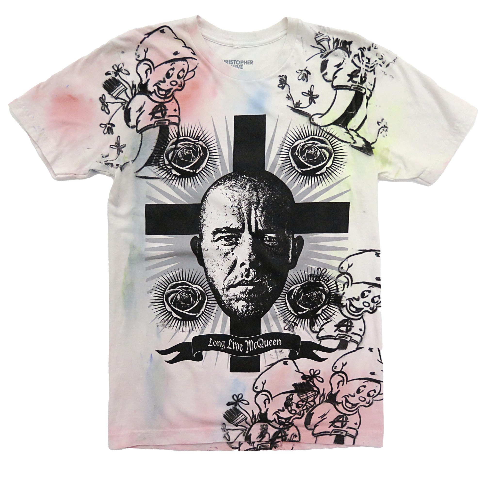 Hand-painted tee: McQueen with a cross and roses
