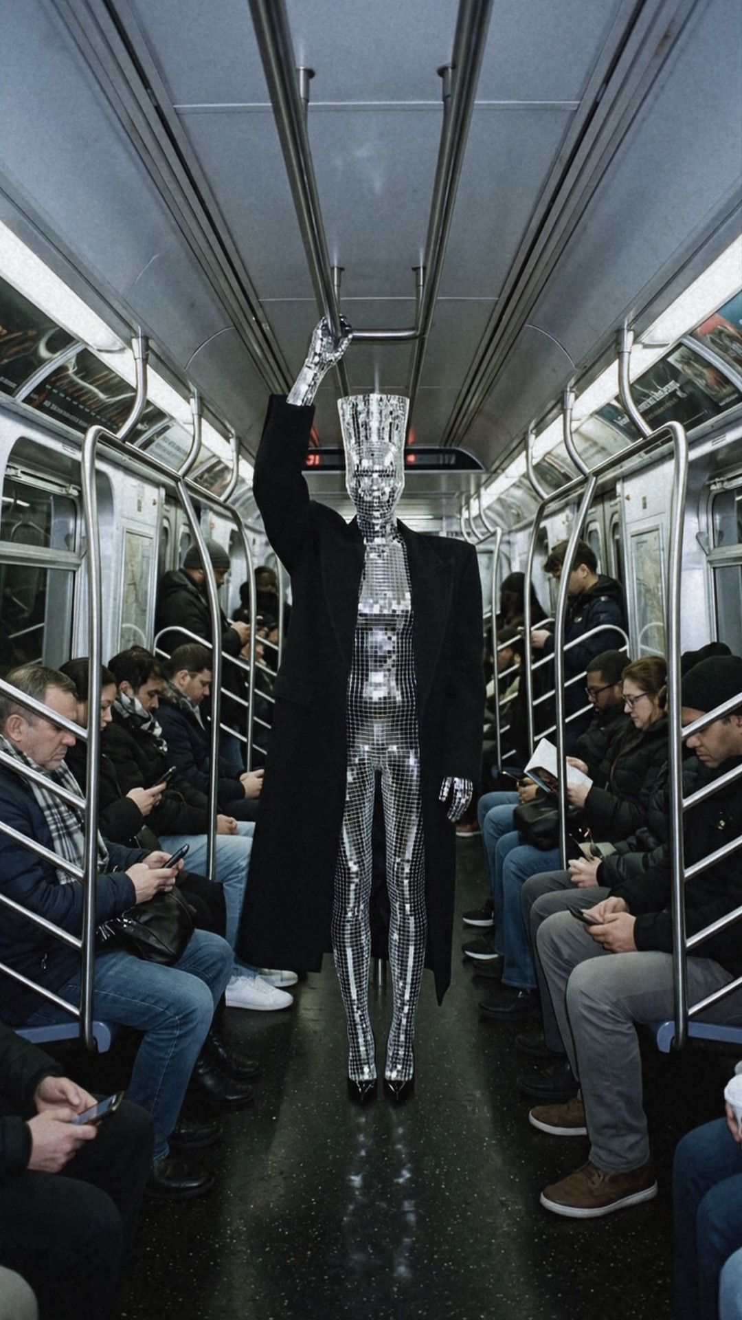 Disco standing in the aisle of a lit subway car, one arm up to the bar