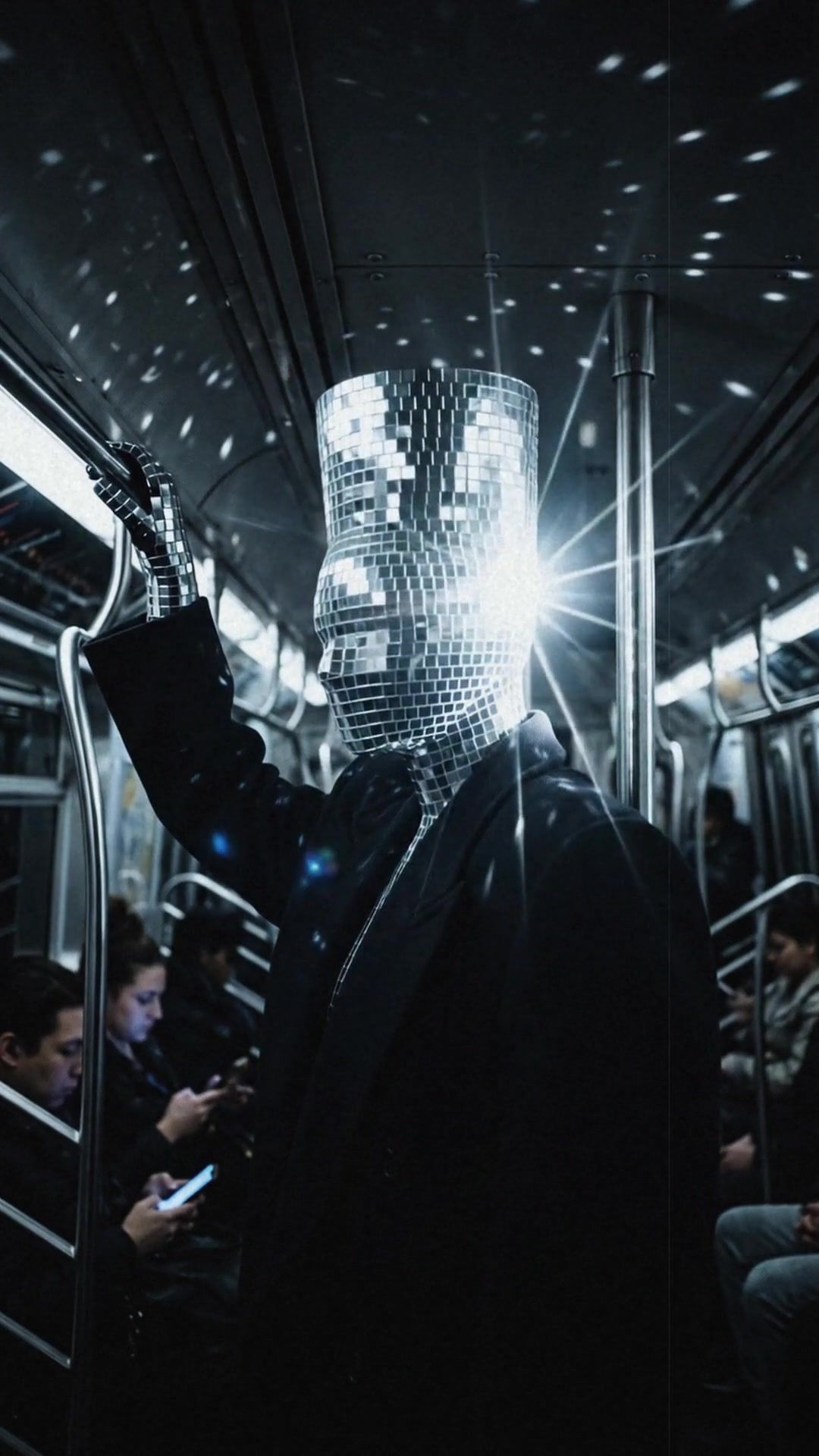 Disco’s tiled head flaring with light in the dark car, riders on their phones