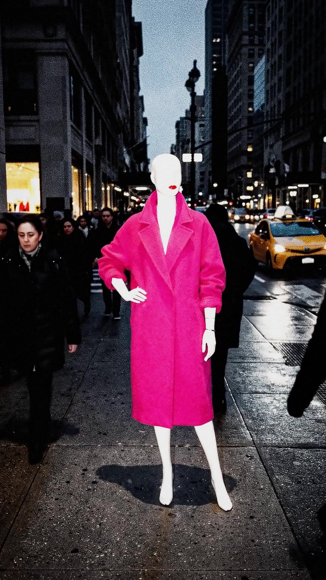Fifth frozen on the sidewalk, hand on hip, the crowd moving around her