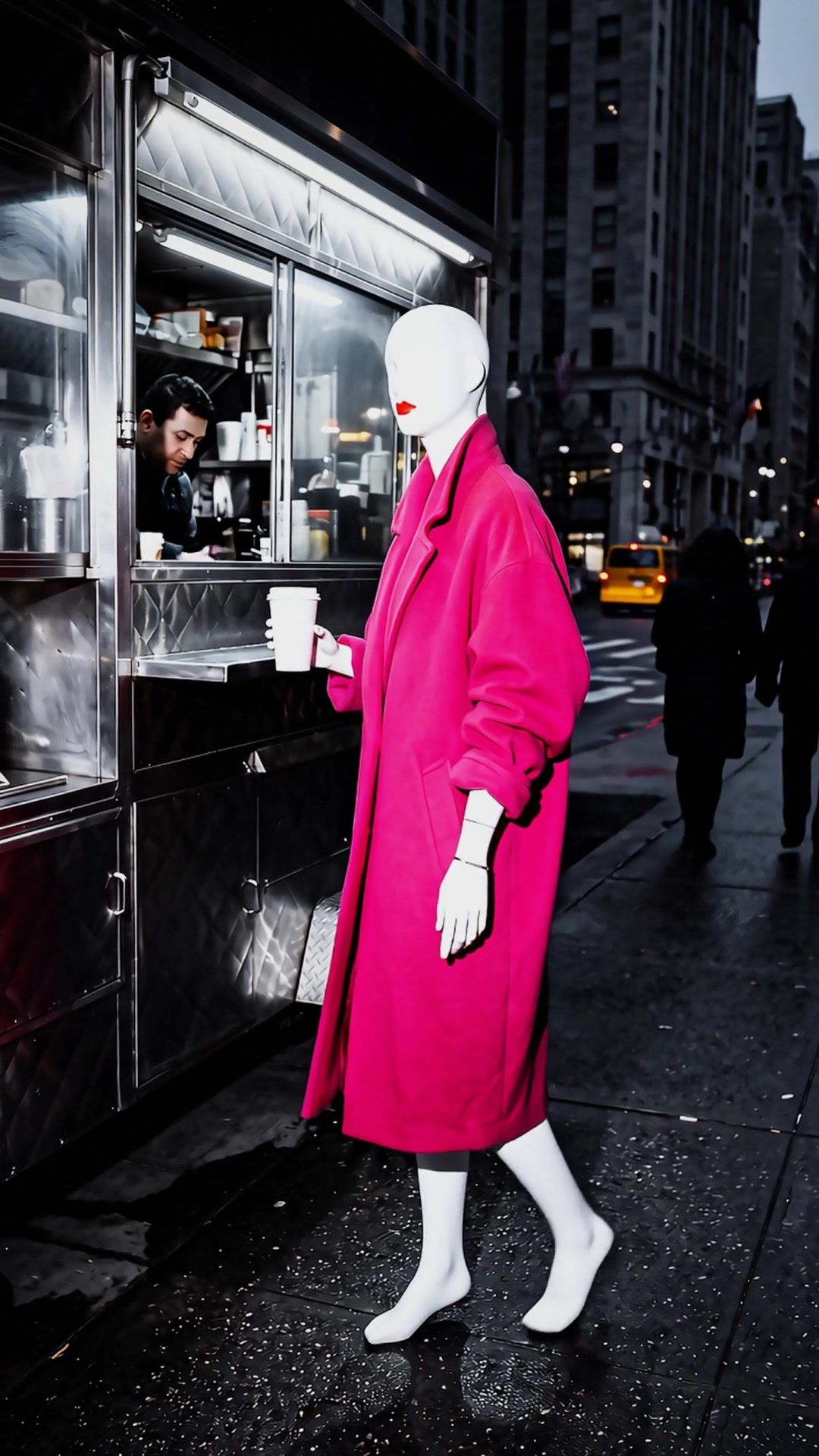 Fifth at a coffee cart, a paper cup in her hand, the vendor looking down