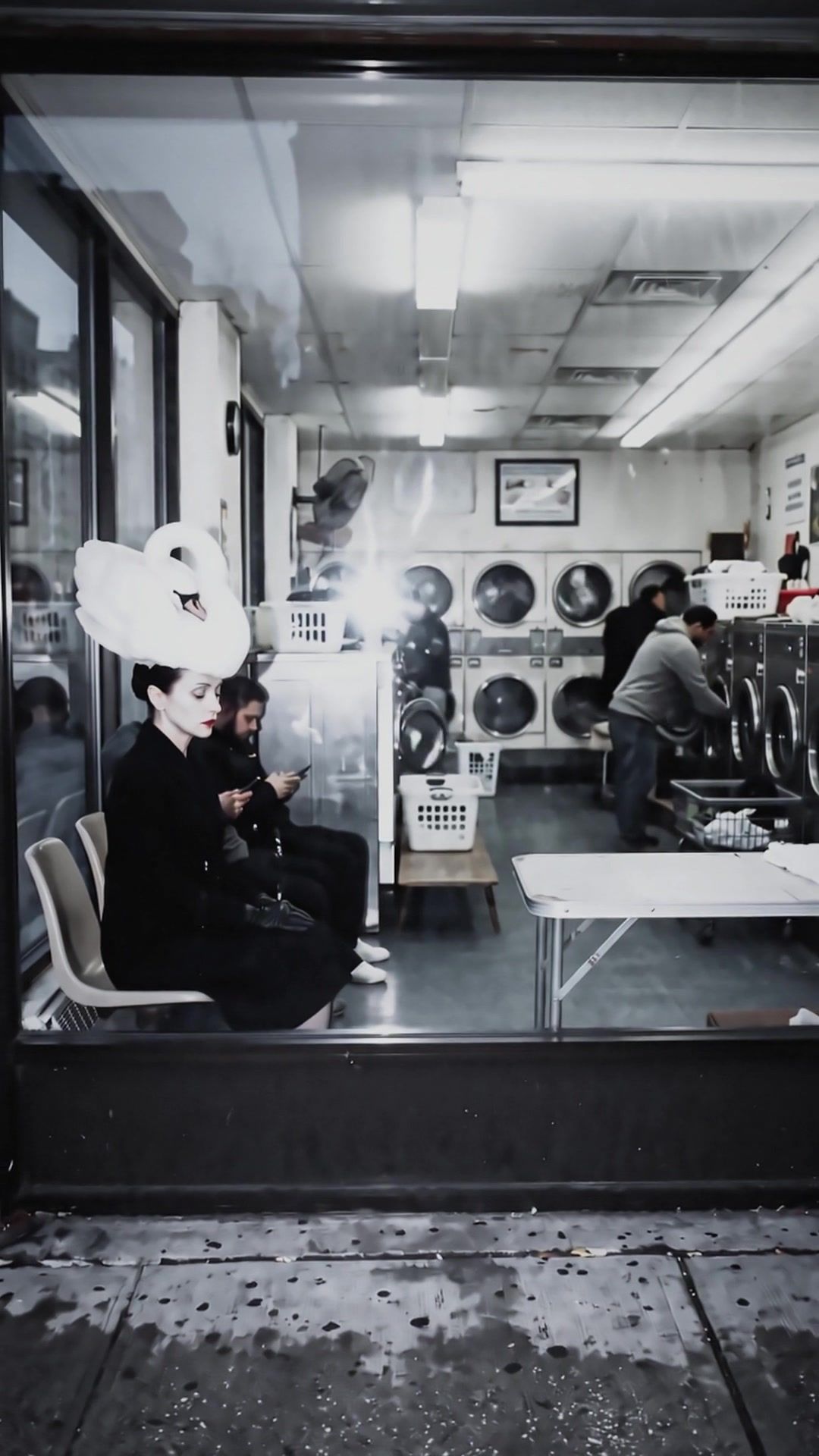 The laundromat seen through its window, Hattie seated in black, the swan asleep on her head