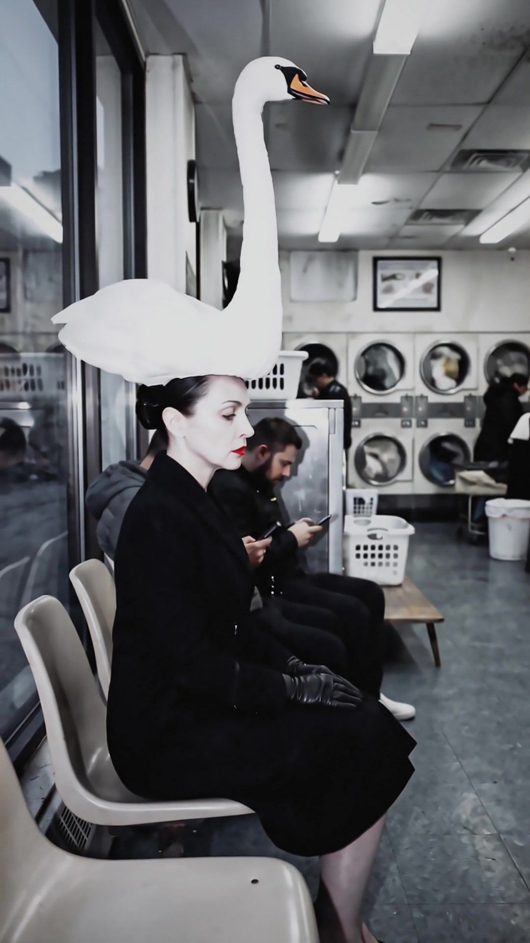 The swan fully upright, Hattie perfectly still beside a man on his phone