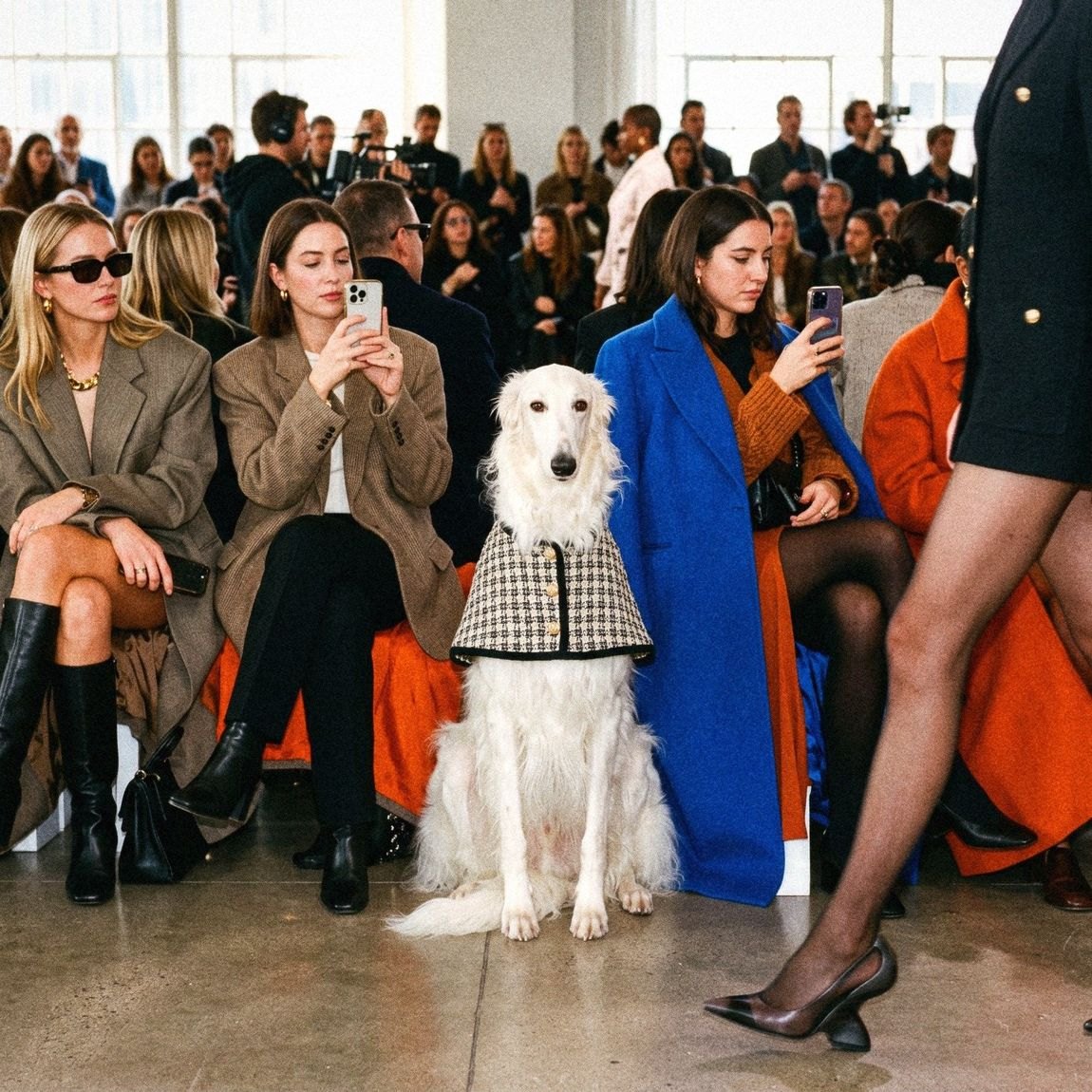 Astor, a borzoi in a checked cape, in a front row seat at a show