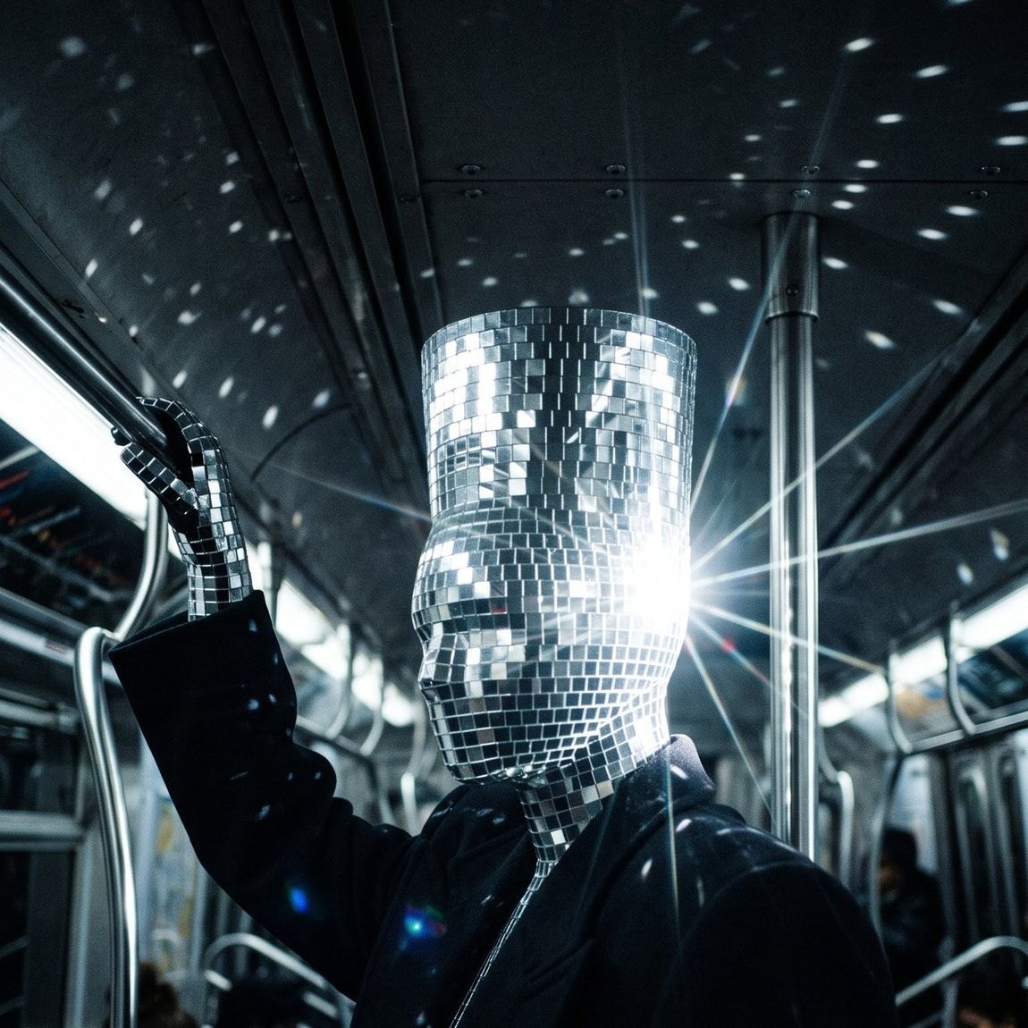 Disco, her head a column of mirror tiles, light scattering through a subway car