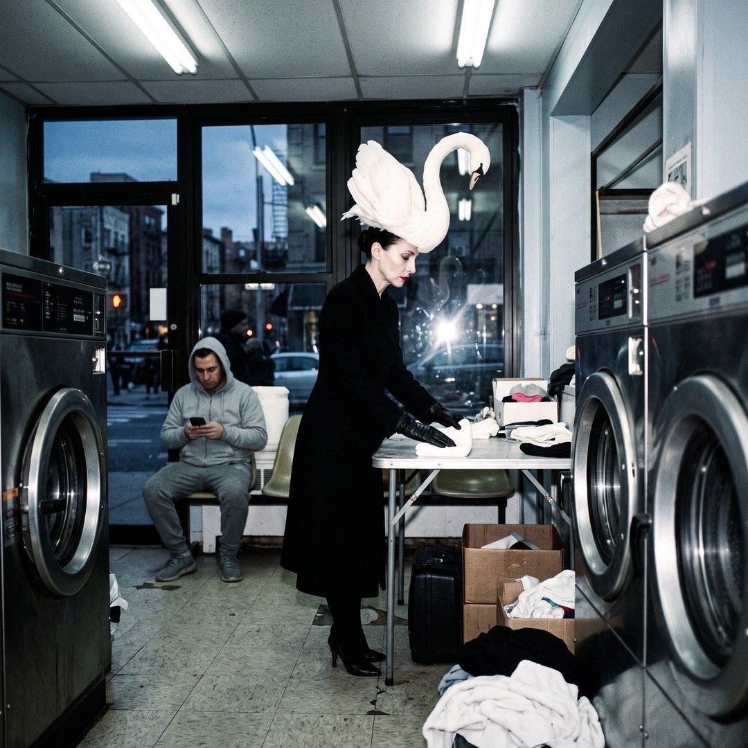 Hattie in black at a laundromat table, a white swan hat on her head