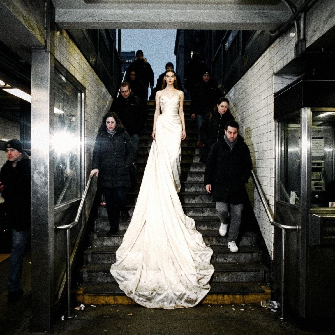 Lex in a white gown, her train spread down the subway stairs