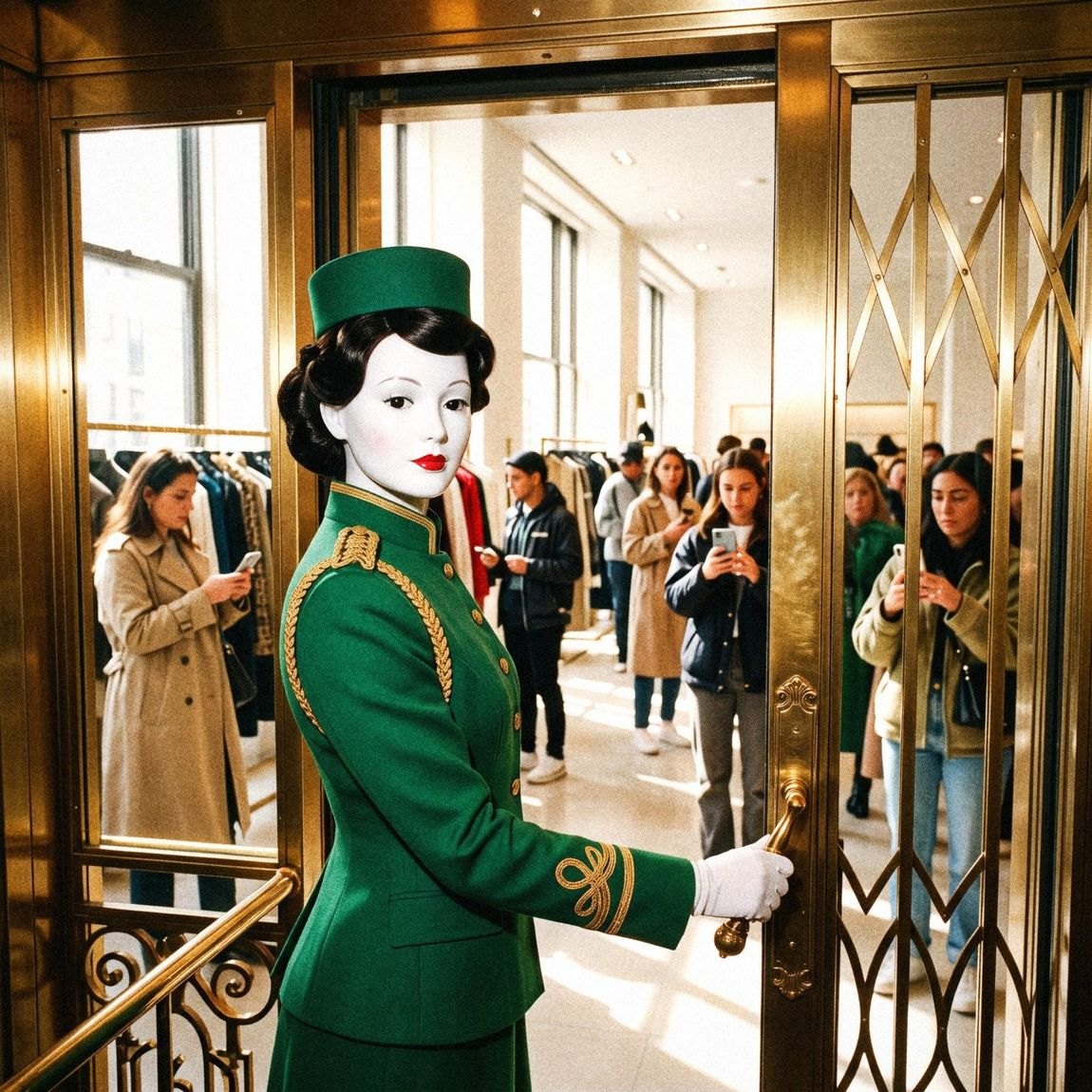Otis, a porcelain automaton in a green uniform, at a brass elevator
