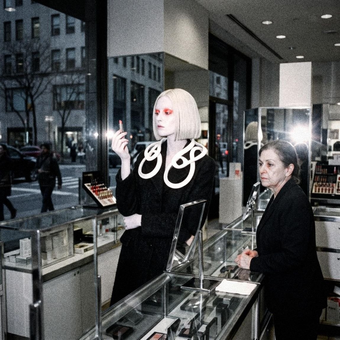 Vesper, pale with a white bob, at a beauty counter