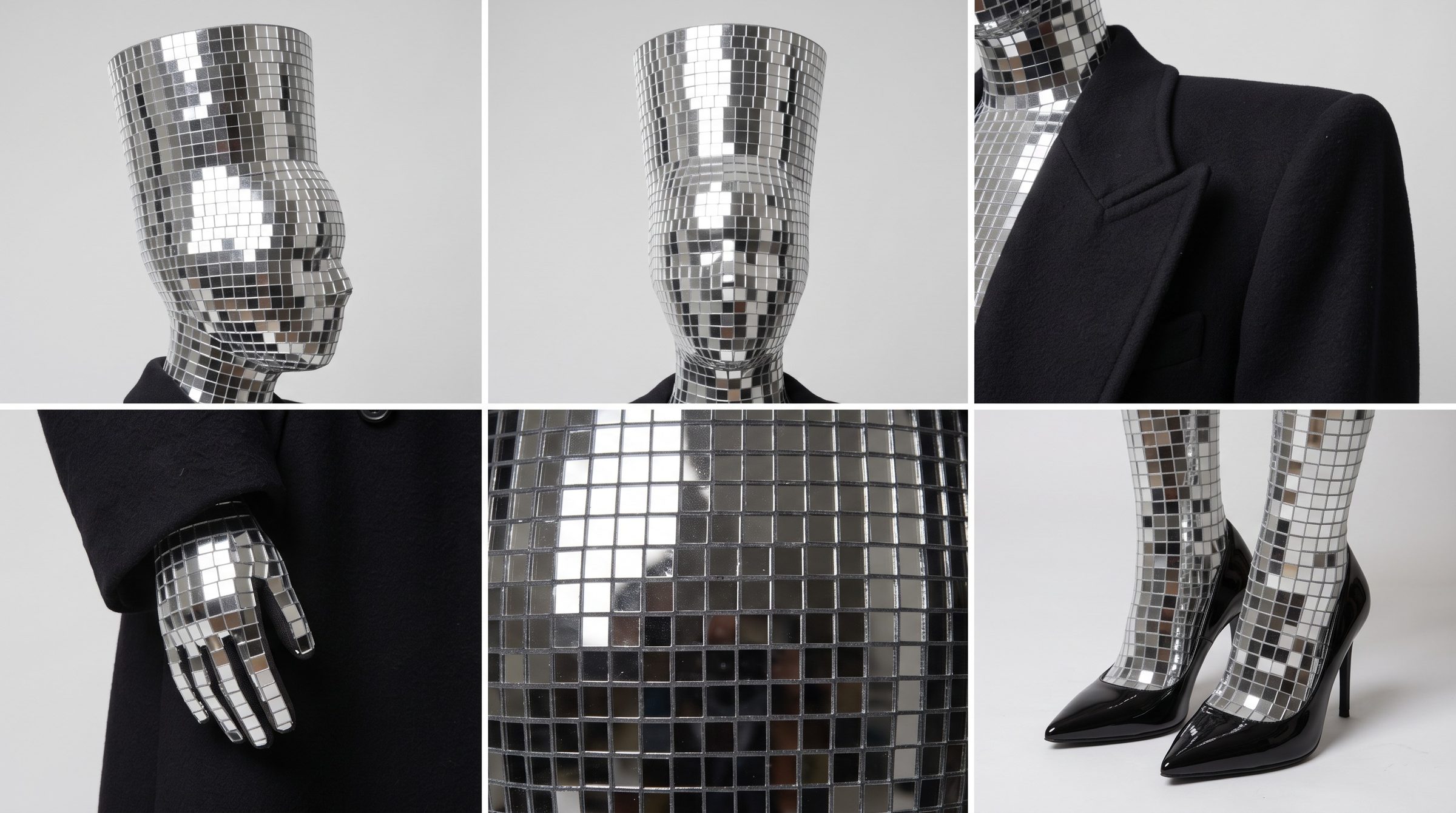 Disco details: the tiled head in profile and front, the coat shoulder, a tiled hand, the tiles close up, mirror legs in black patent heels