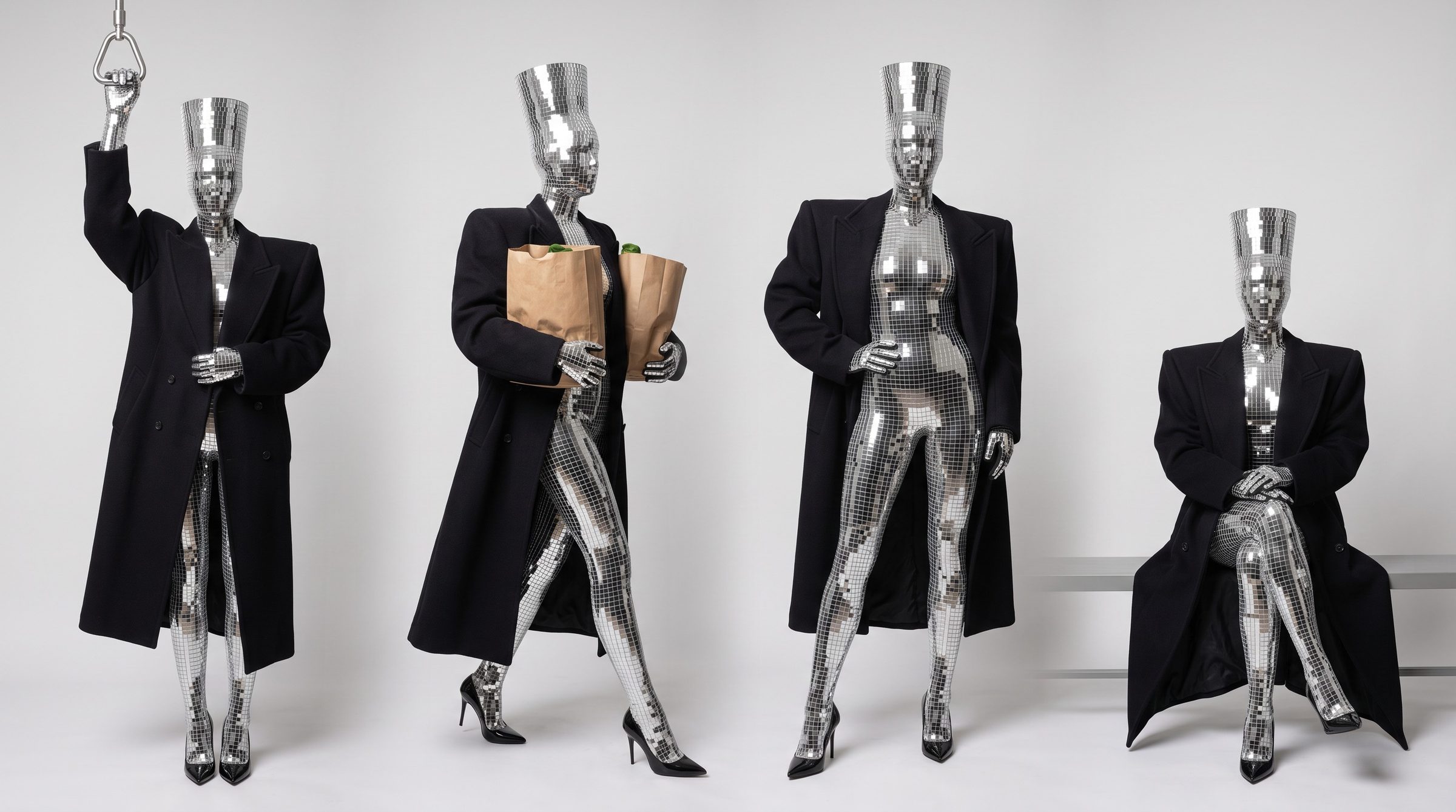 Disco poses: one arm raised to a subway bar, carrying groceries, standing, seated