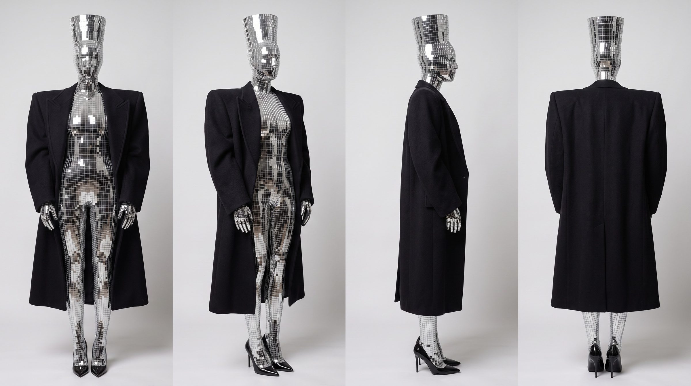 Disco turnaround: front, three quarter, profile and back, a mirror tile figure in a long black coat and heels
