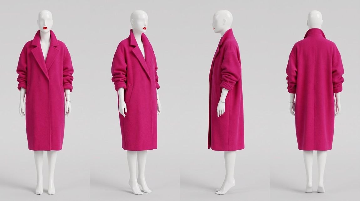 Fifth turnaround: front, three quarter, profile and back, a bald white mannequin in a hot pink coat