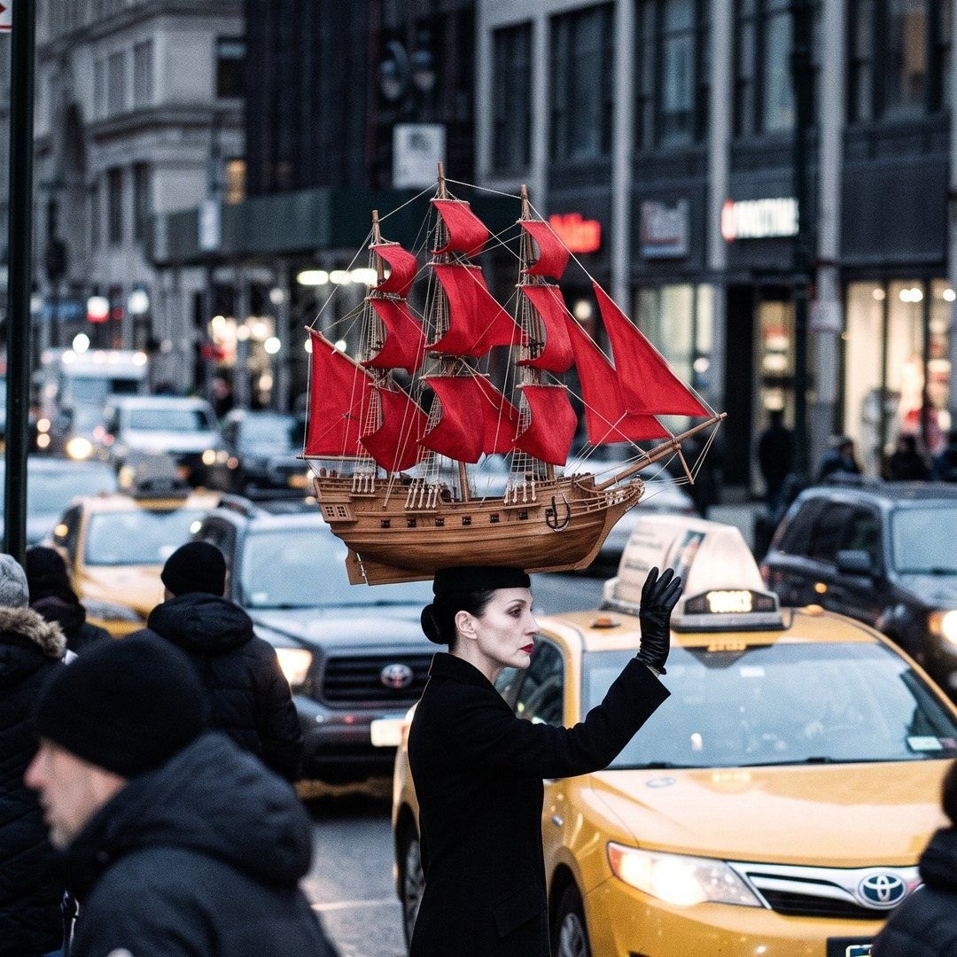 Hattie in a black coat and gloves hailing a cab on Seventh Avenue, a red sailing ship balanced on her head