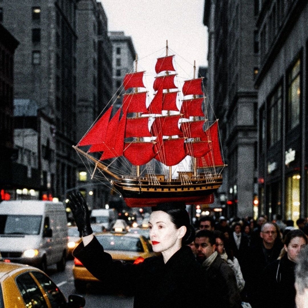 The locked look: Hattie and the ship in a grey-blue street, one yellow taxi
