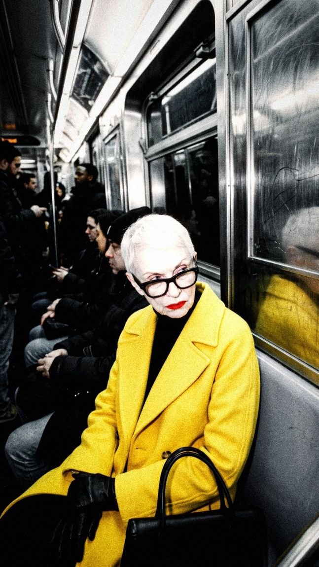 The locked look: Vera in yellow on a dark subway car