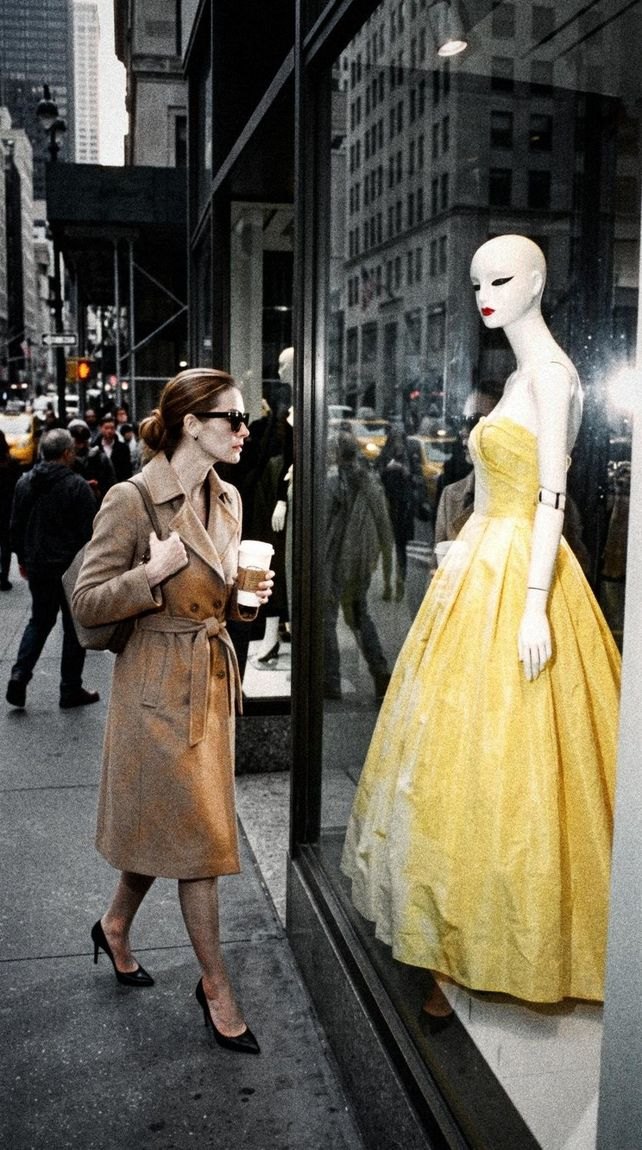 A woman with a coffee walks past the window, grain and halation over everything