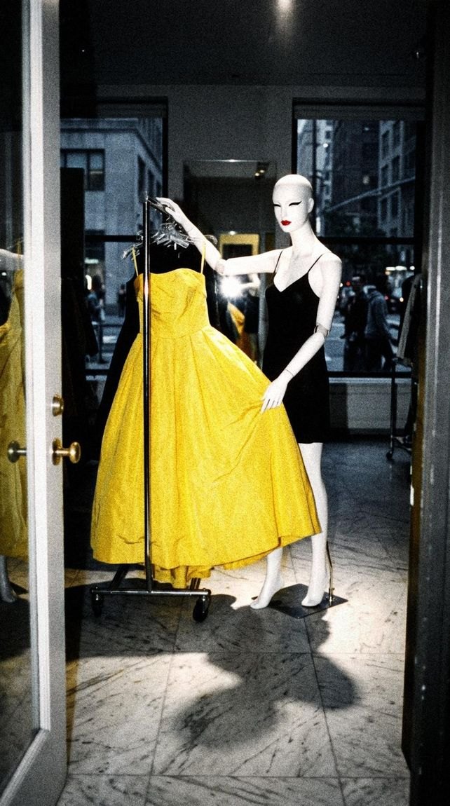 Two mannequins in a shop window, one in a yellow gown, lit by a direct flash