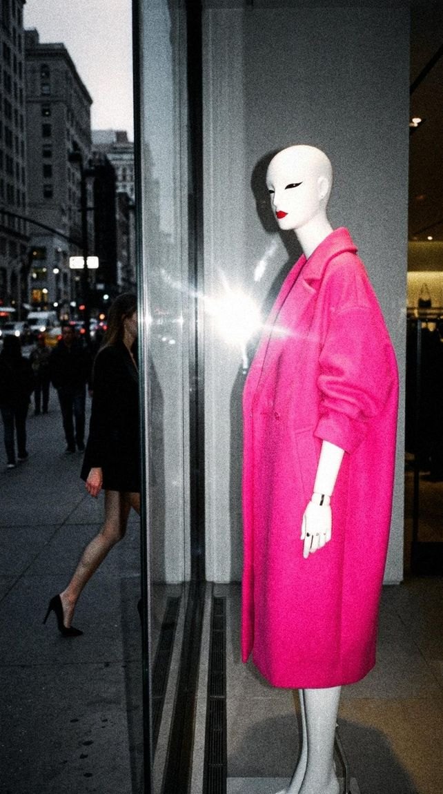 A window mannequin in a hot pink coat, flash flaring on the glass