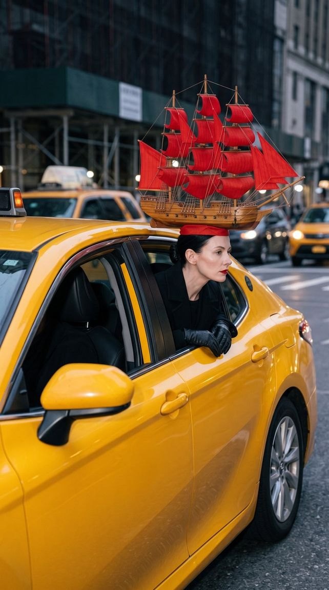 Hattie in a yellow cab, a red sailing ship hat leaning out of the window