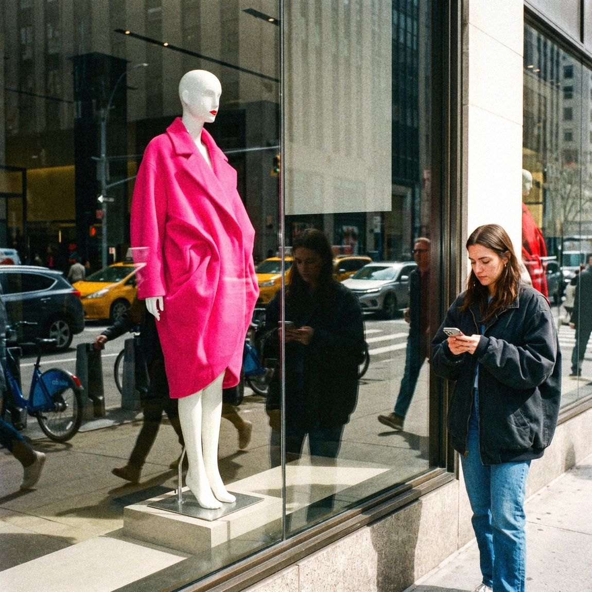 Look test: Fifth in pink at a sunny Fifth Avenue window