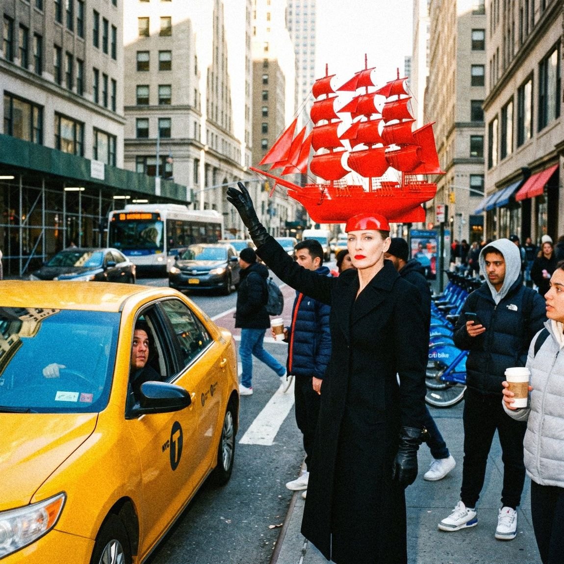 Look test: Hattie and the ship hat by a yellow taxi in daylight