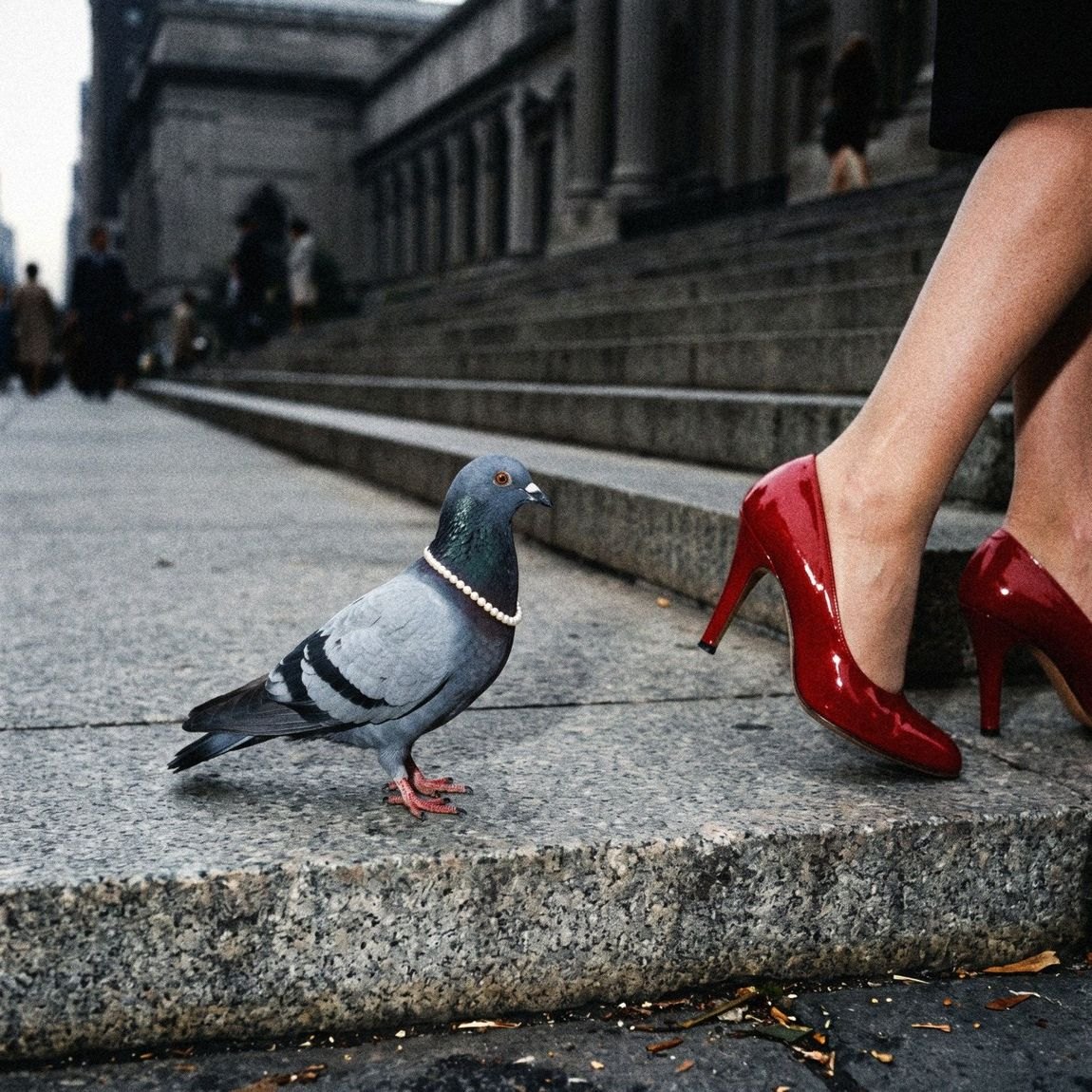 Look test: Pearl on the steps beside red patent heels