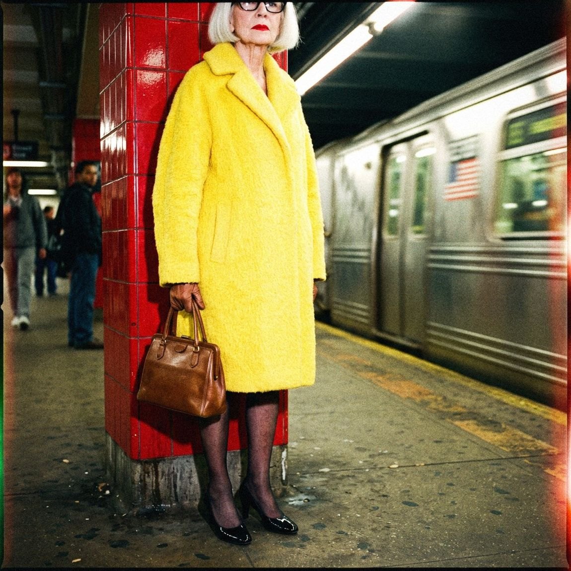 Look test: a woman in a yellow coat on a subway platform