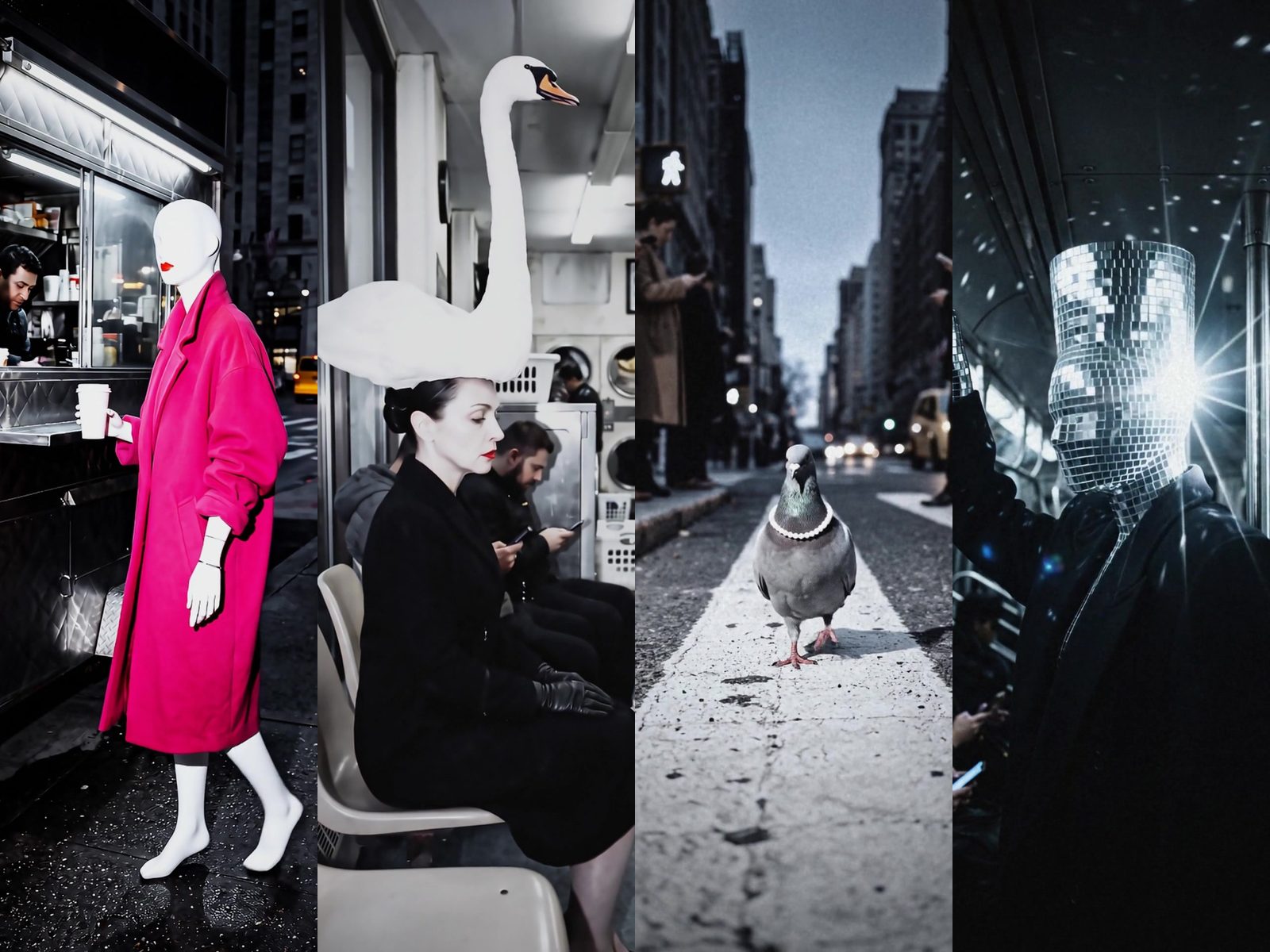 SEEN IT.: Fifth at a coffee cart, Hattie with a swan on her head, Pearl in pearls on a crosswalk, Disco in mirror tiles on the subway