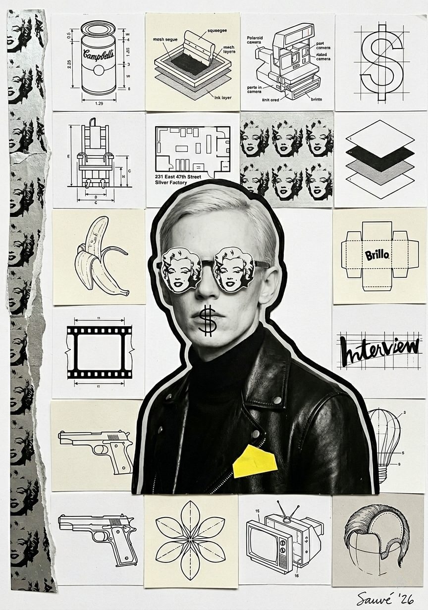 AI collage portrait with icons and a yellow pocket square