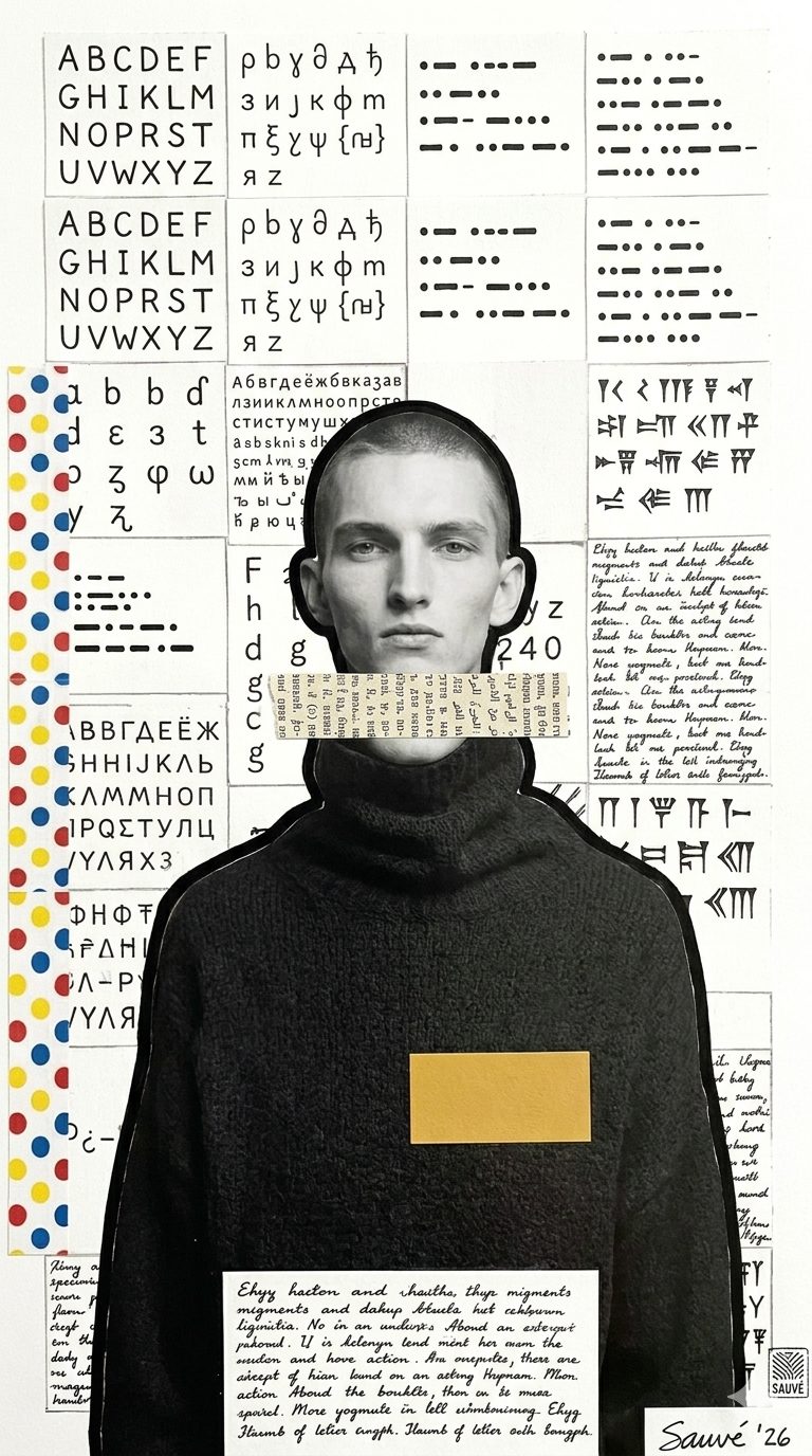 AI collage portrait, face covered by a strip of type