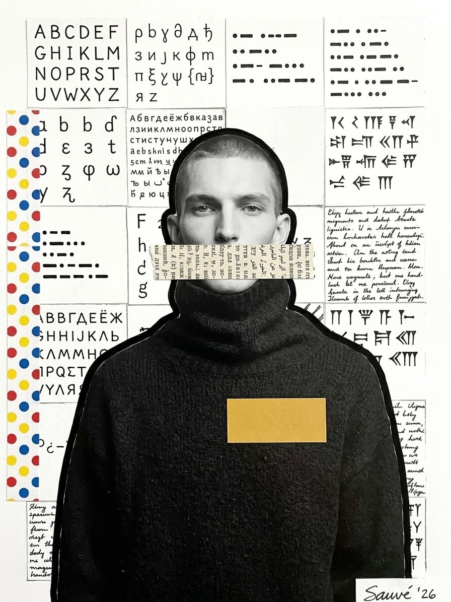 AI collage portrait in a black turtleneck