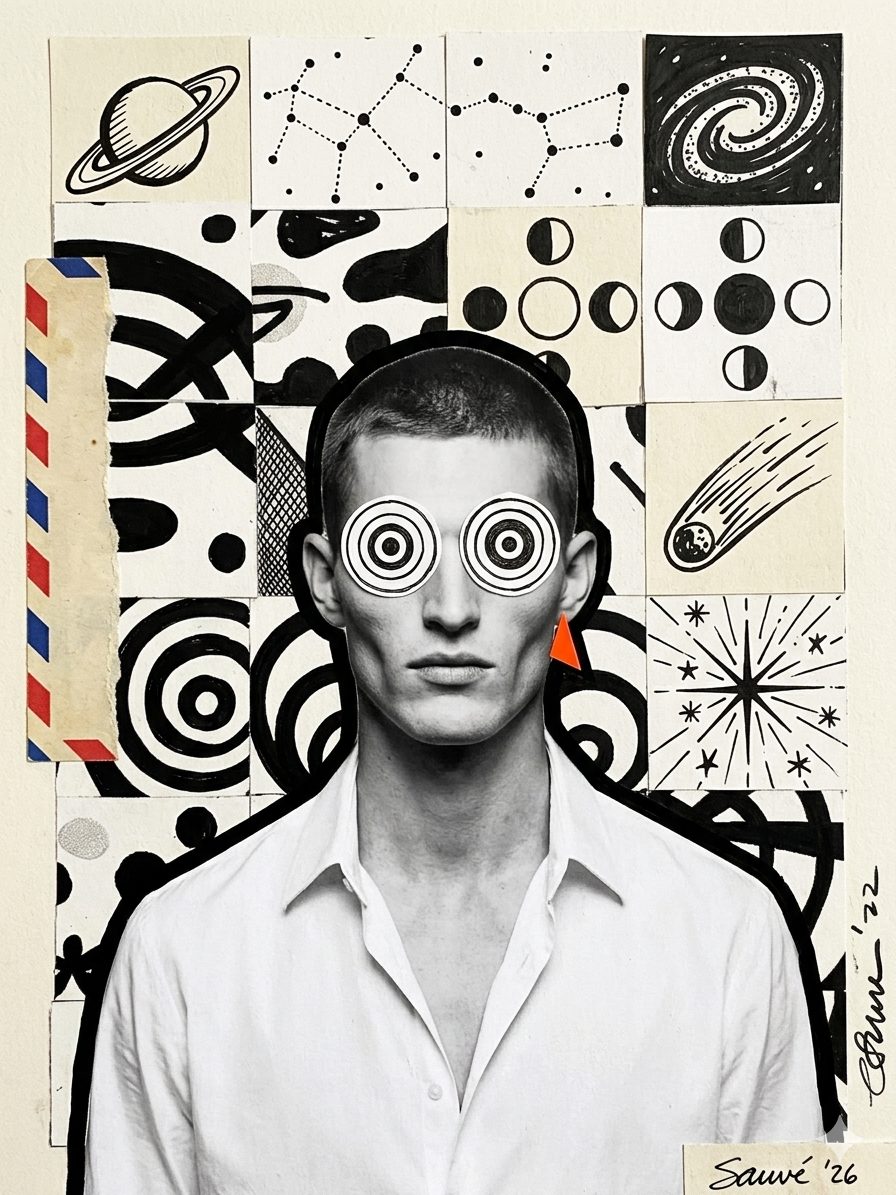 AI collage portrait with spiral eyes and a constellation chart