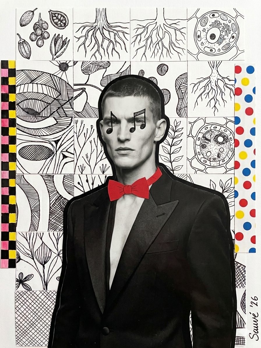 AI collage portrait in a tuxedo over a drawn pattern