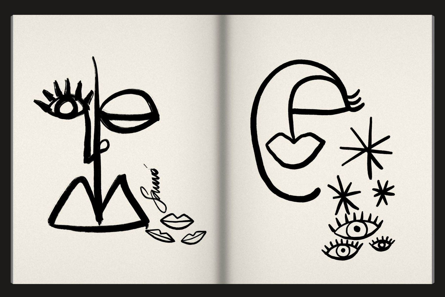 Sketchbook spread: One-line faces