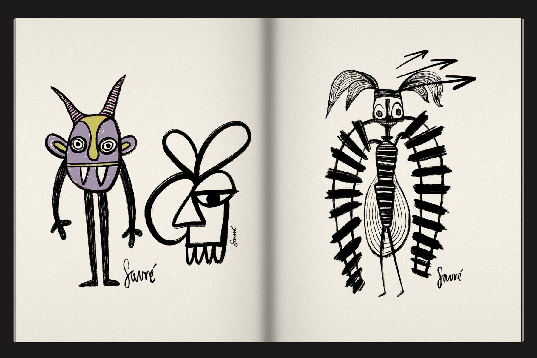 Sketchbook spread: ink characters