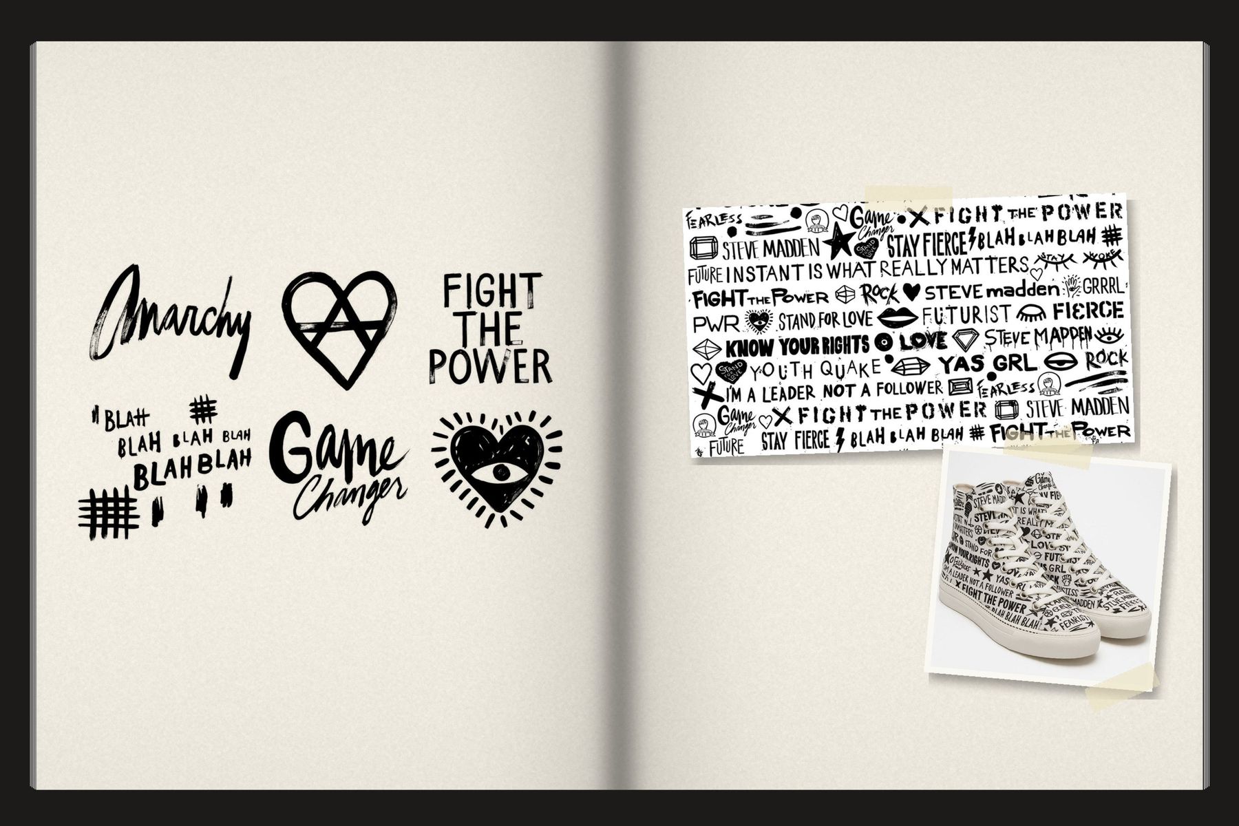 Sketchbook spread: Steve Madden, Fight the Power