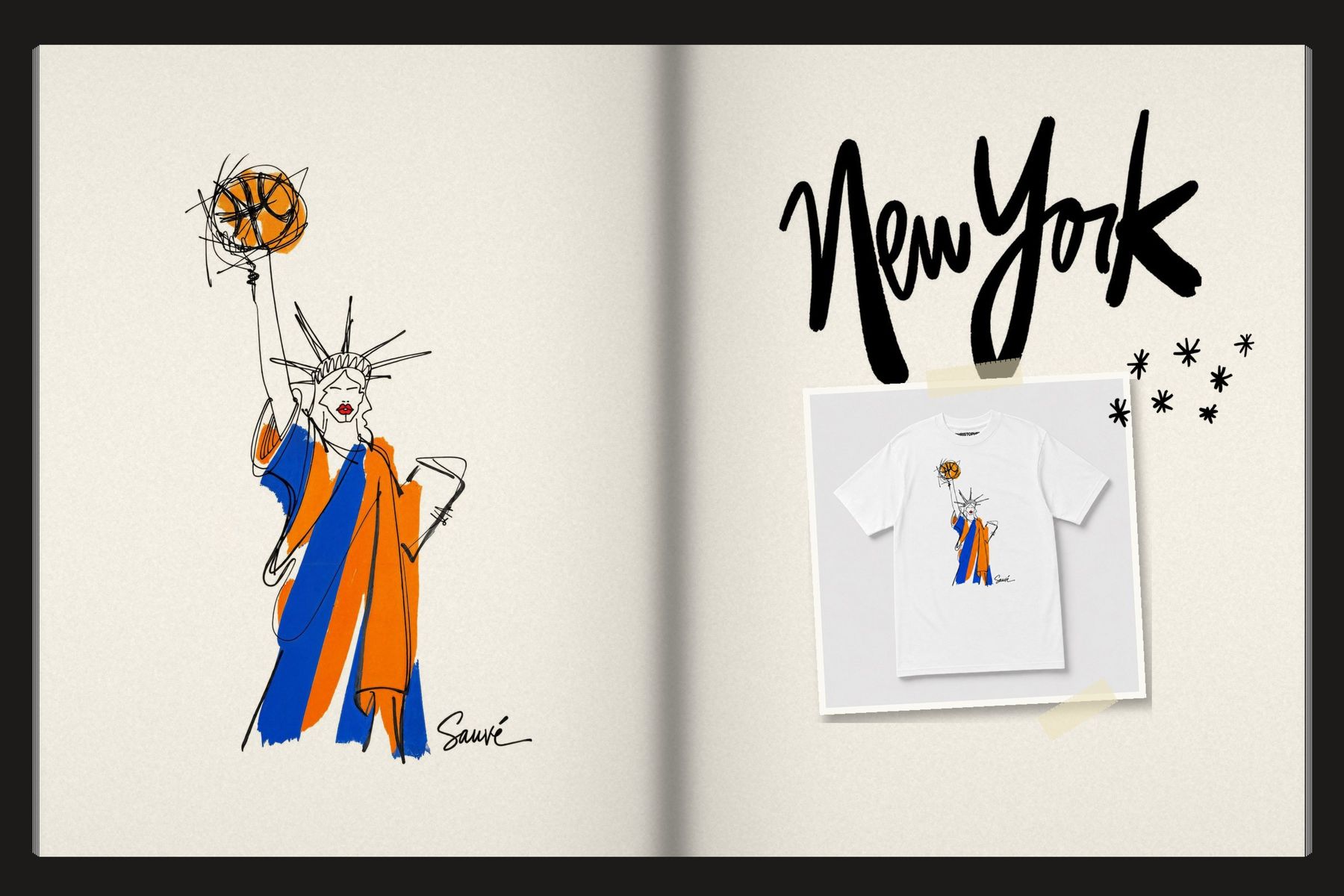 Sketchbook spread: Lady Liberty in Knicks colors
