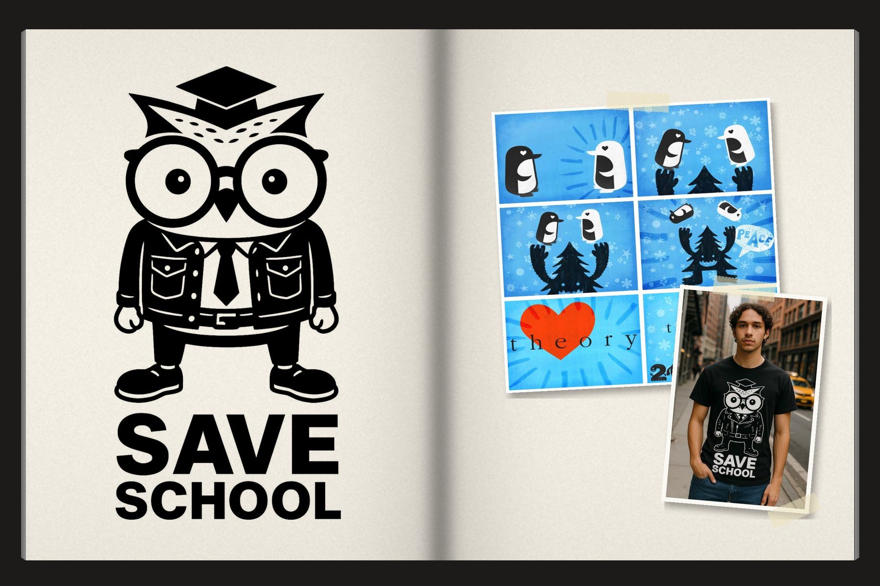 Sketchbook spread: Theory, Save School