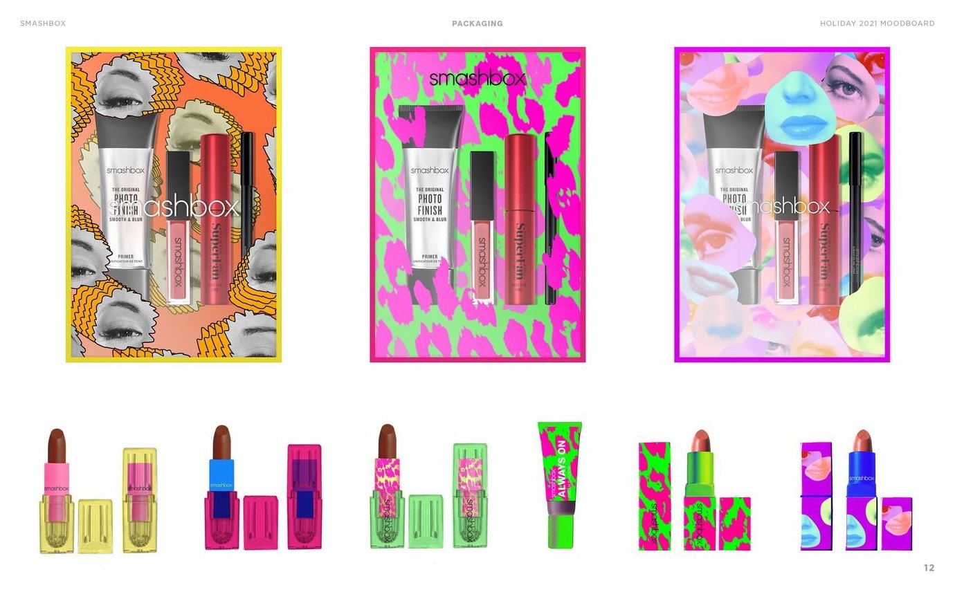 Holiday 2021 kits: three gift sets on collaged, leopard and painted grounds, with the lipstick boxes below