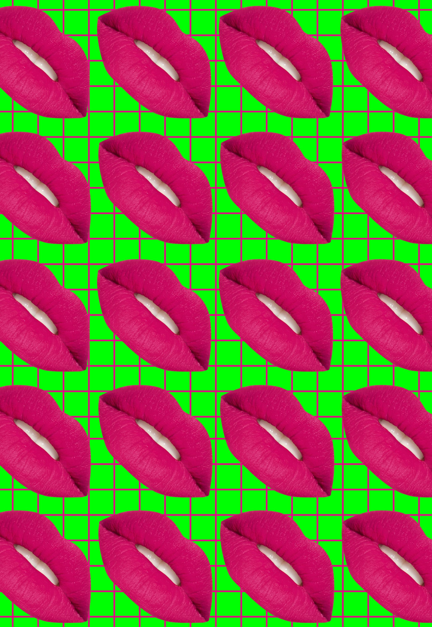 Glossy pink lips in rows on an acid green grid