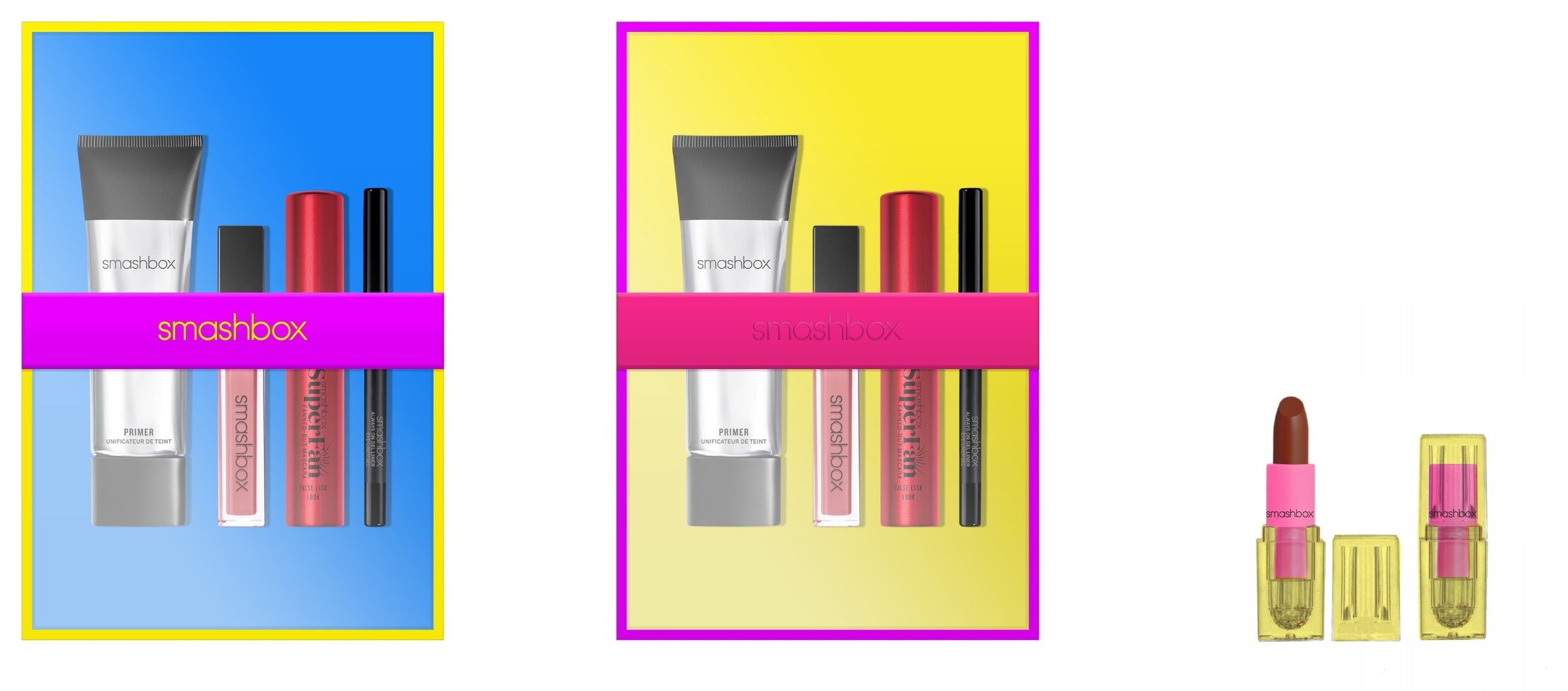 Option 01, Modern Neon: two kits on blue and yellow gradients with neon bands, and a lipstick in a clear neon case