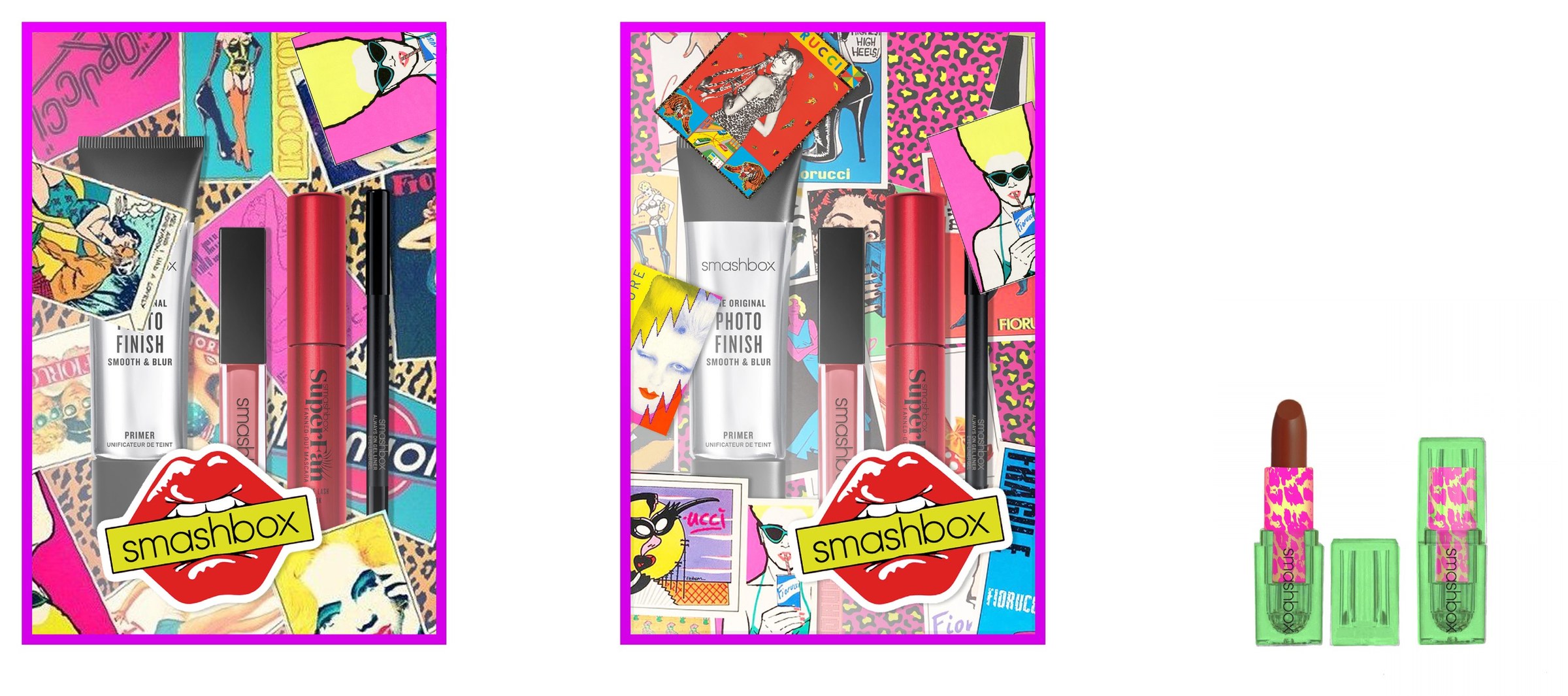 Option 02, 80’s Collage: two kits over cut-out magazine scraps with a red lips logo, and a collaged lipstick