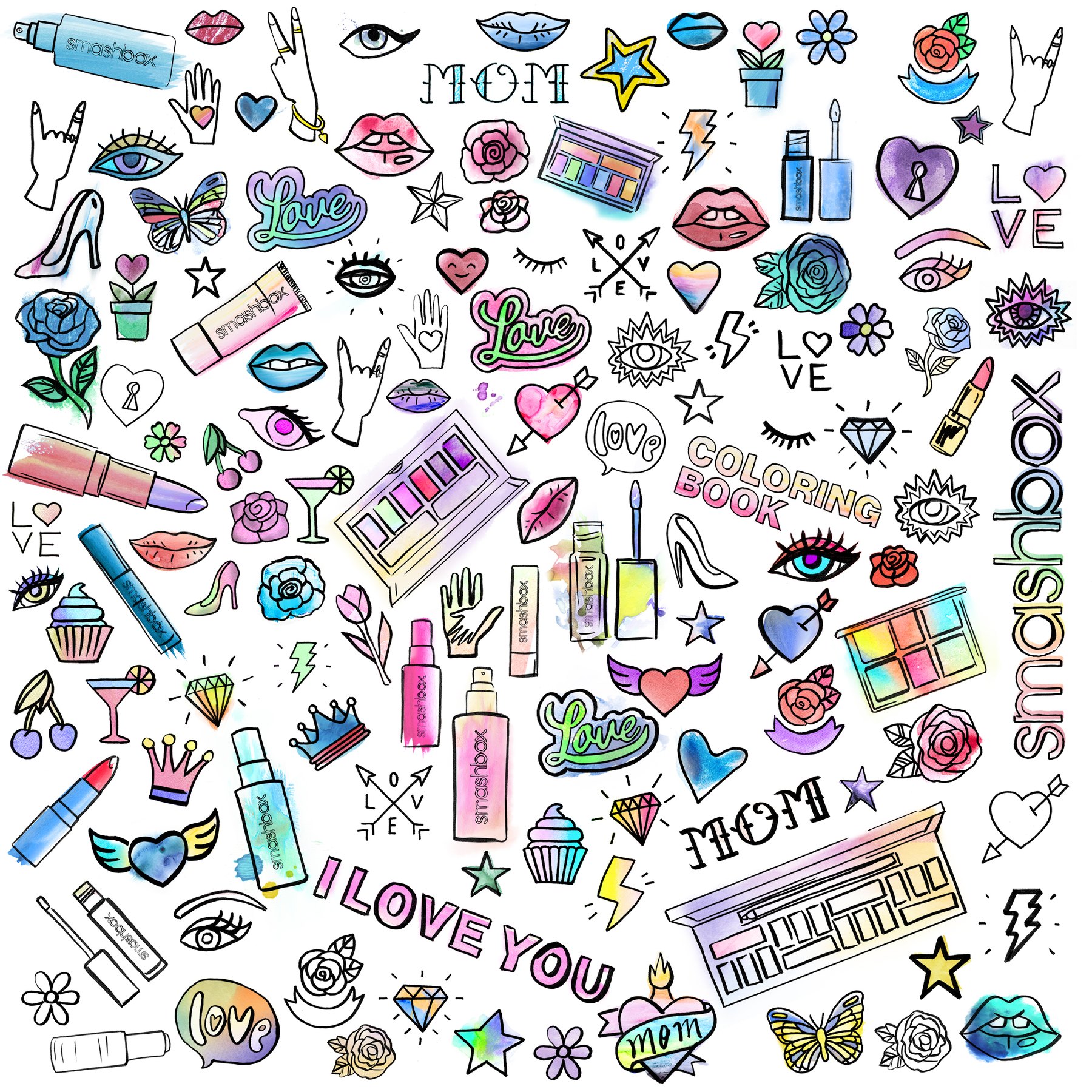 The Mother’s Day coloring page in color: lipsticks, palettes, roses, hearts and MOM tattoos around the smashbox wordmark