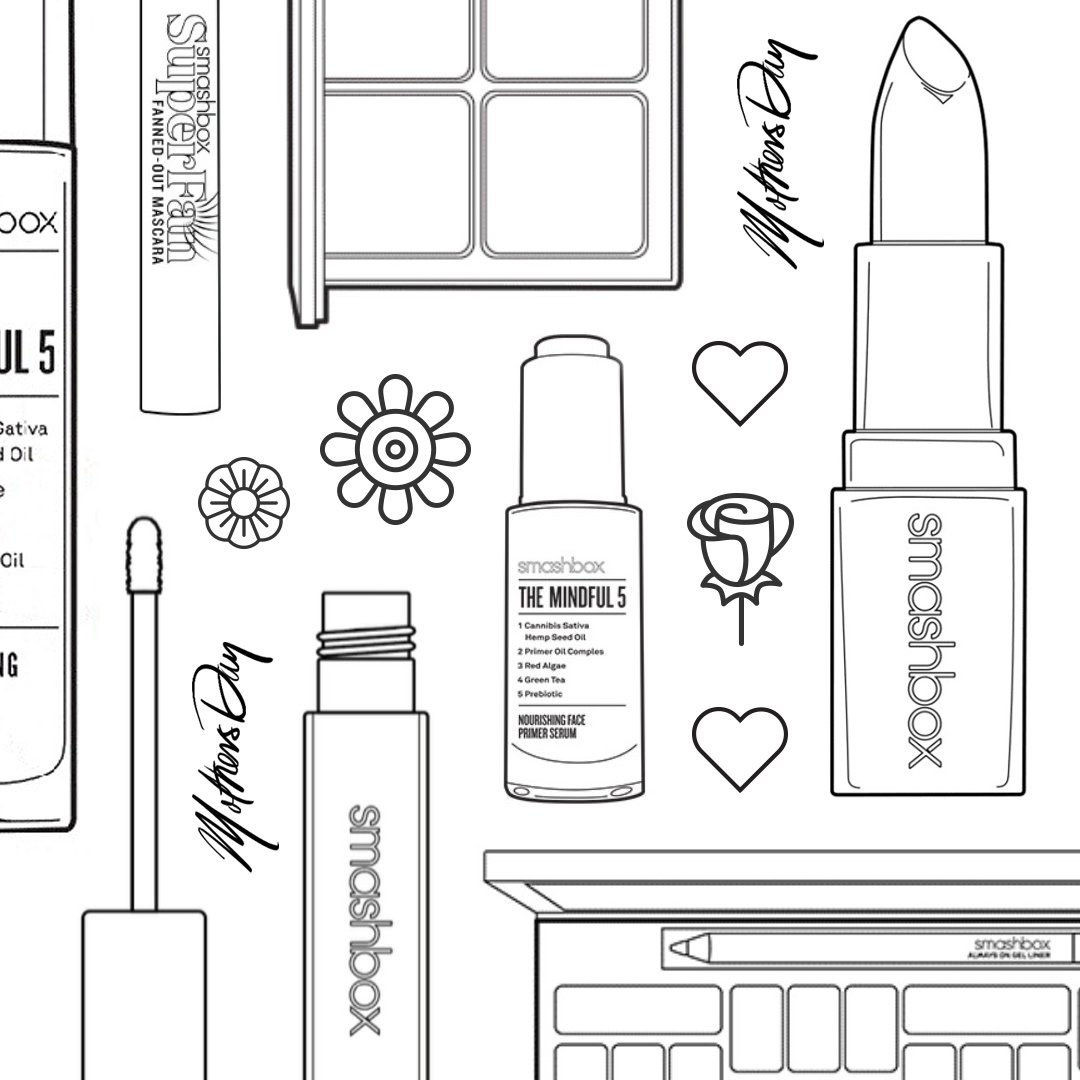 Line drawings of Smashbox products with Mother’s Day in script