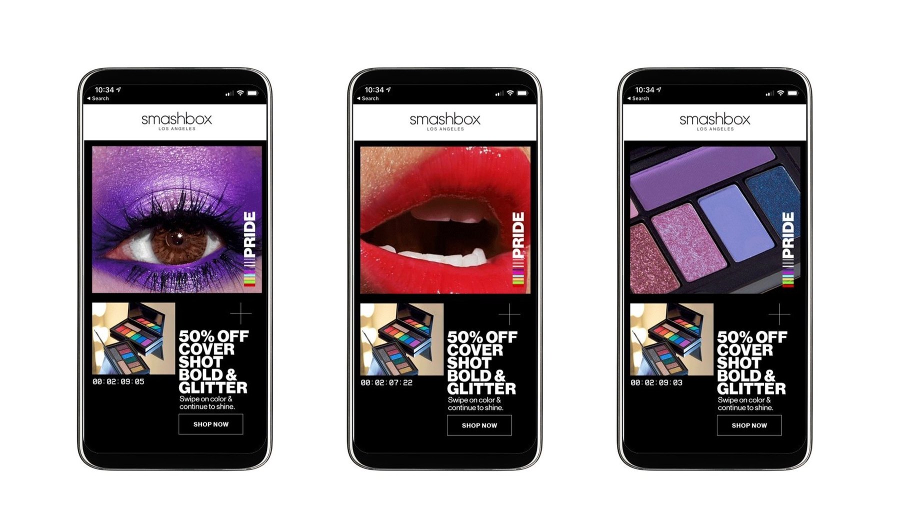 Three Pride emails on phones: a purple eye, red lips and a violet palette, each over 50% off cover shot bold and glitter