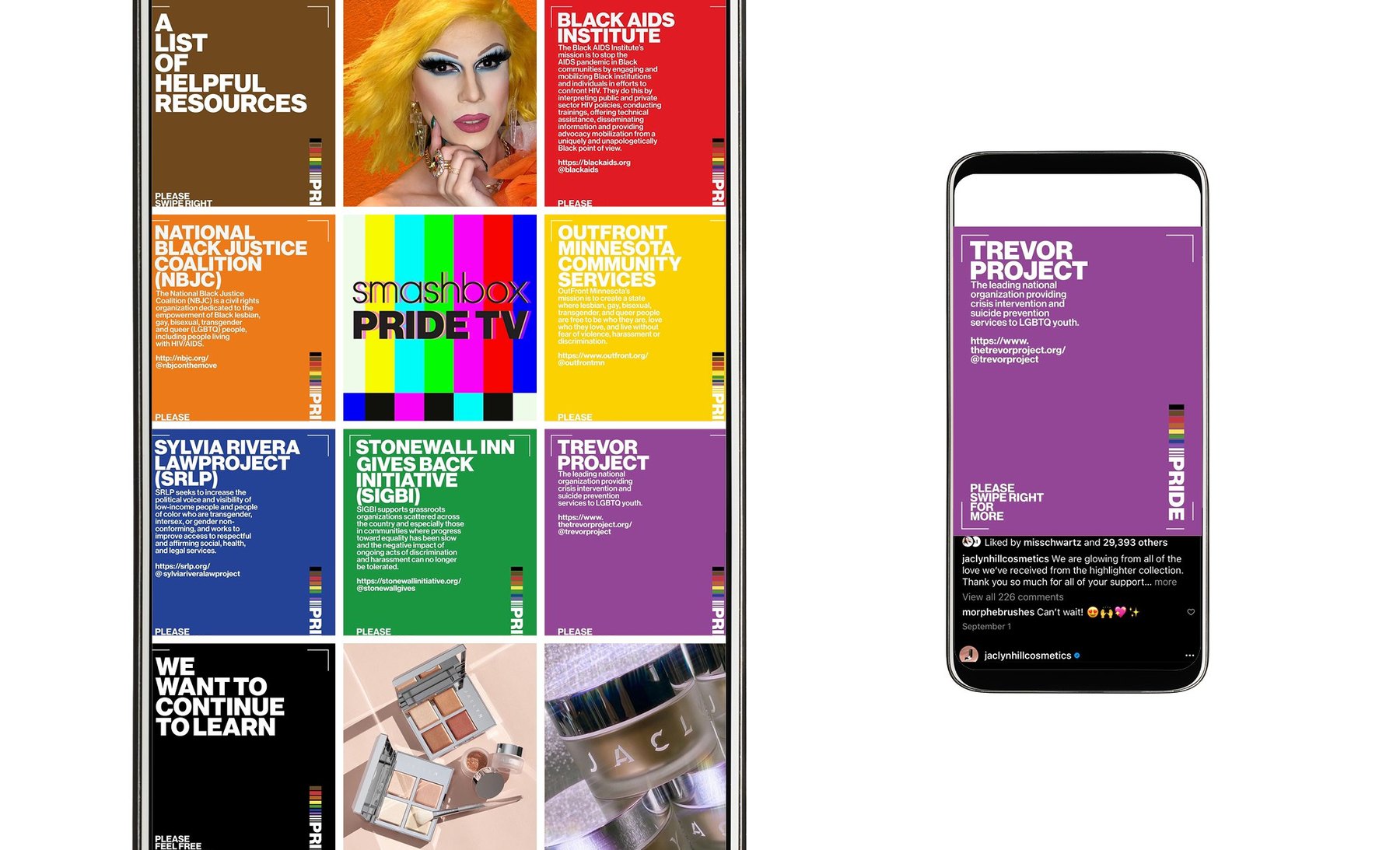 The Smashbox Instagram grid with the resource carousel and Pride TV, beside a phone showing The Trevor Project card in the feed