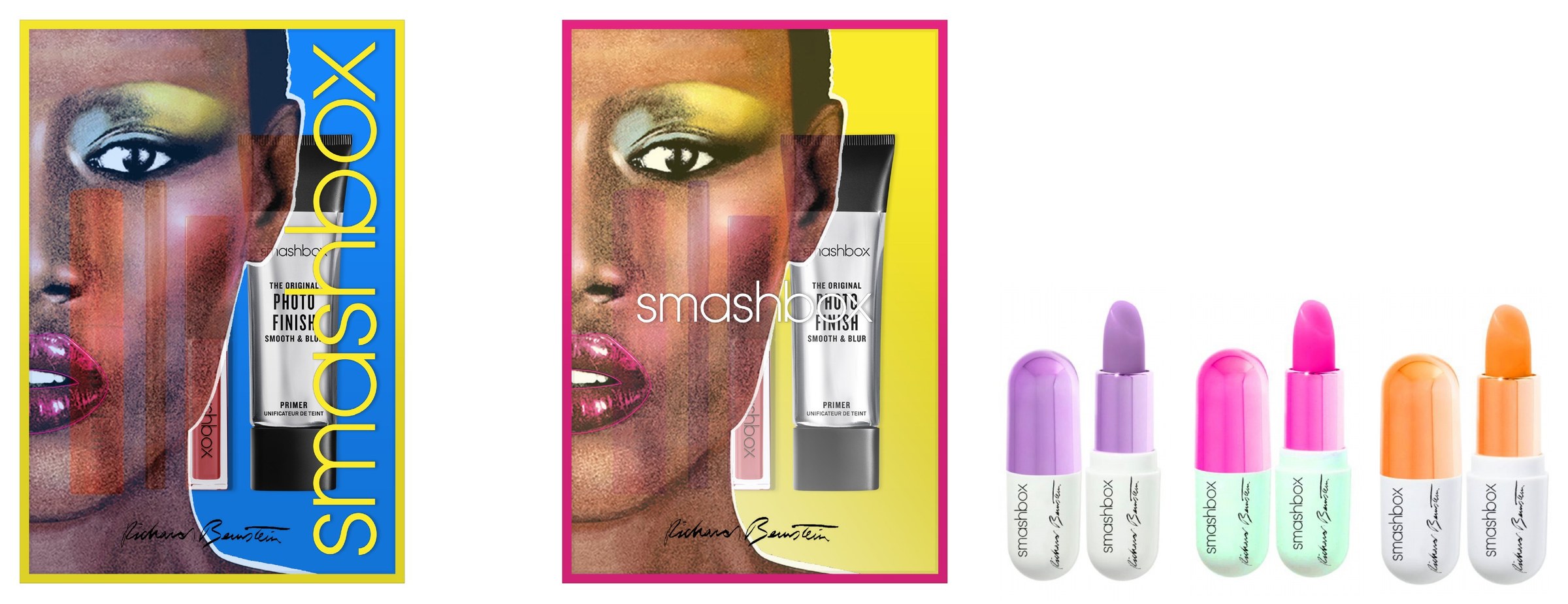 Option 04 as presented: both Grace Jones kits, signed, beside six capsule lipsticks in lilac, pink and orange