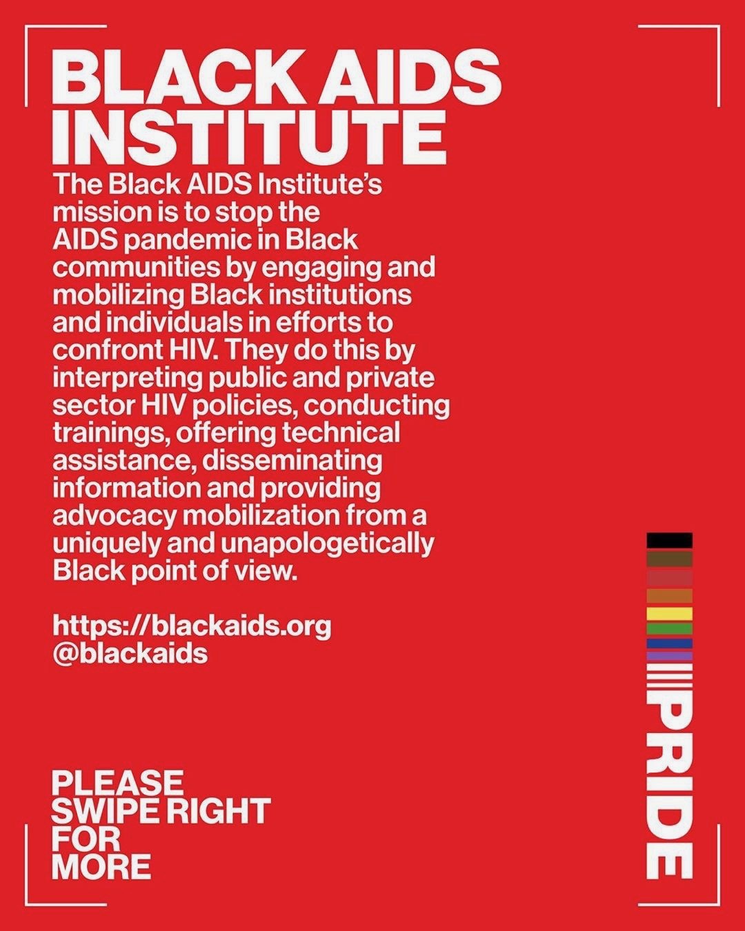 Black AIDS Institute, its mission in white on red, with a link and Please swipe right for more